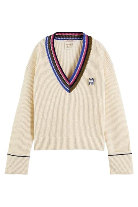 COLOURED TRIM V-NECK PULLOVER WHITE SAND MELANGE by Scotch & Soda