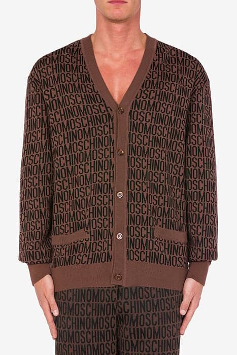 ALLOVER LOGO JACQUARD WOOL CARDIGAN DARK BROWN by Moschino