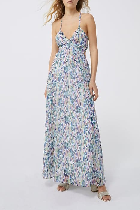 ECRU IKAT DIAMOND PRINT BACKLESS LONG DRESS by IKKS