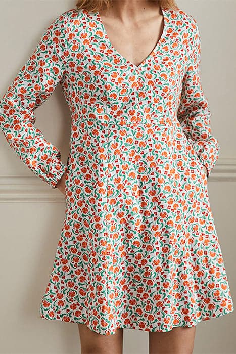 V-NECK FLIPPY MINI DRESS BRIGHT PAPAYA, DELICATE BUD by Boden