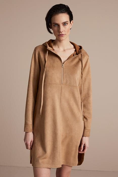 HOODED DESS SUEDINE BONDED BROWNS by Summum Woman