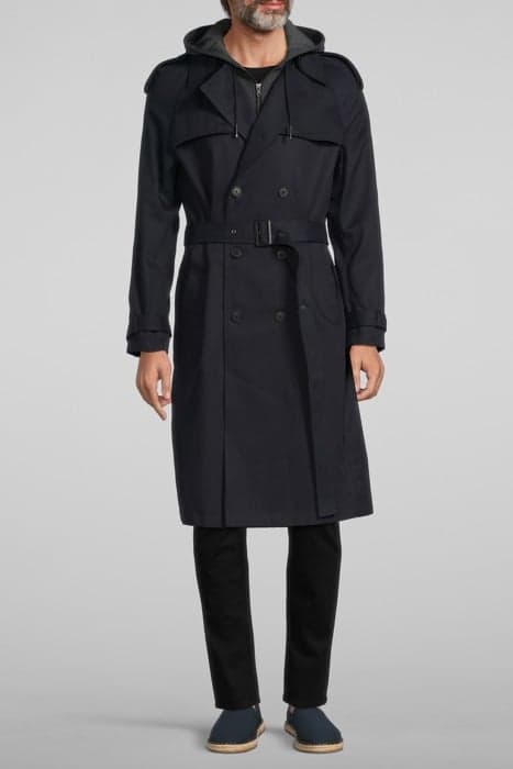 DARK NAVY LONG TRENCH COAT WITH GREY HOOD FACING NAVY by IKKS