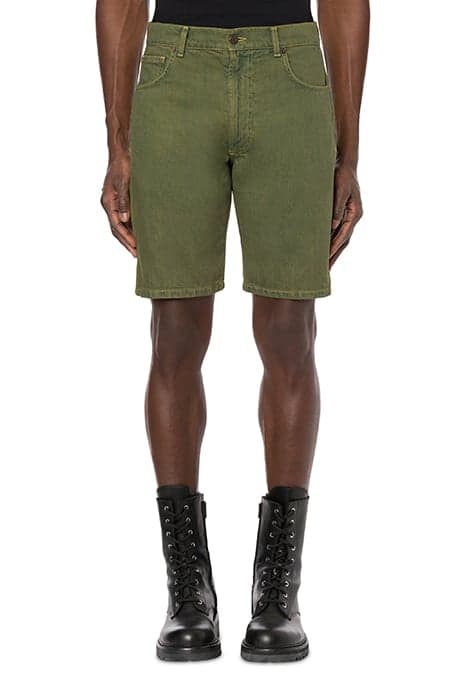 BERMUDA SHORTS IN DOUBLE SMILEY® LOGO OVERDYED DENIM GREEN by Moschino