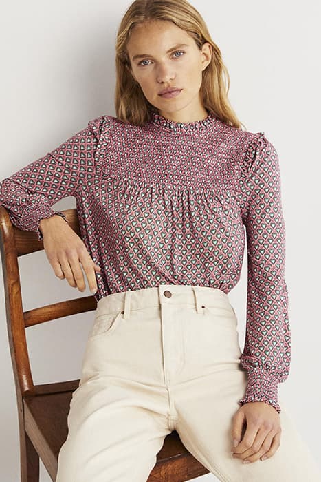 SMOCKED YOKE PRINTED TOP RED by Boden