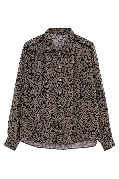 WOMEN’S KHAKI/BLACK PRINT VOILE SHIRT + BEADED SHOULDERS by IKKS