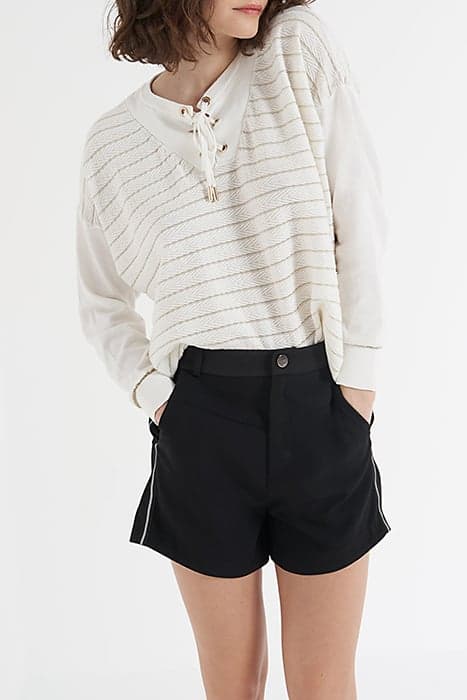 OFF-WHITE TEXTURED KNIT SWEATER WITH GOLD STRIPES by ICODE