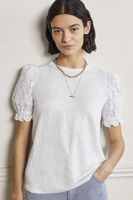 BRODERIE SLEEVE LINEN T-SHIRT WHT by Boden