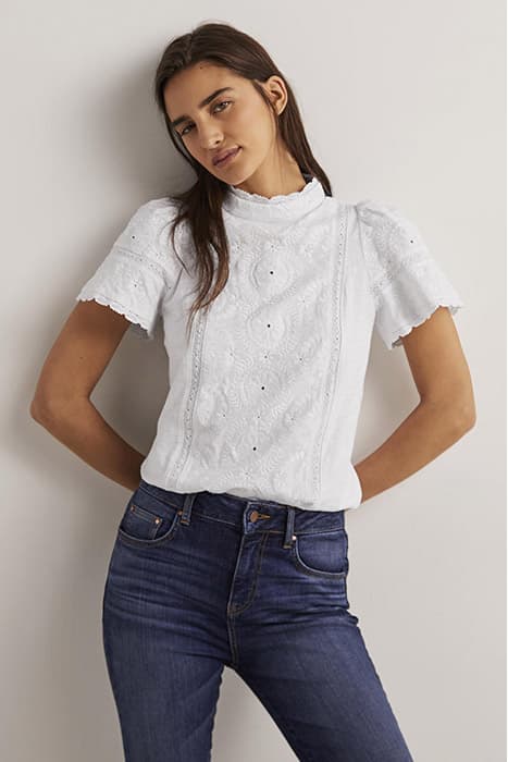 BRODERIE HIGH NECK JERSEY TOP WHT by Boden