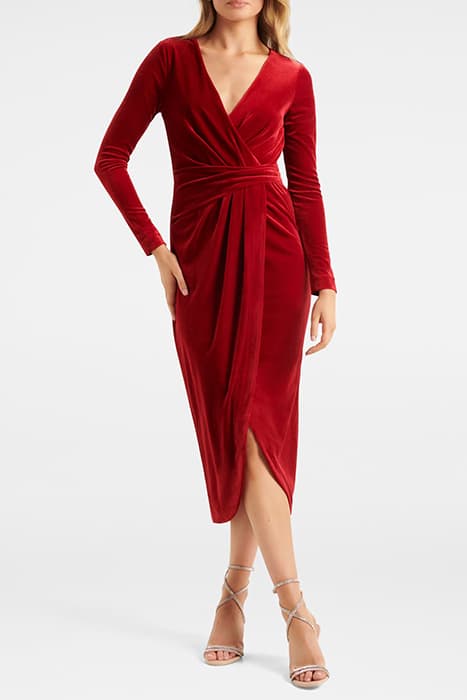 ANTIONETTE WRAP VELVET MIDI DRESS RED by Forever New