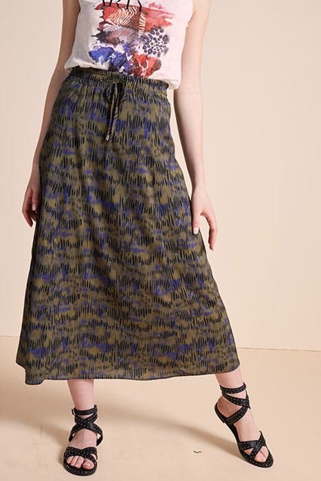 JAROD - KHAKI MIDI SKIRT WITH BATIK PRINT GREEN GREEN by ONE STEP