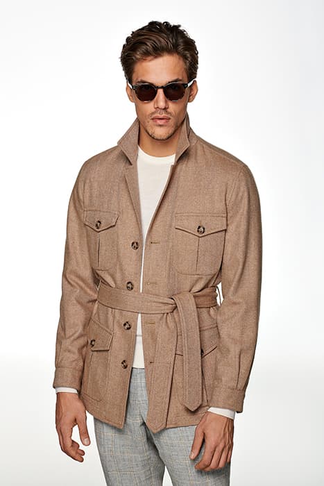 MID BROWN HERRINGBONE BELTED SAFARI JACKET by Suitsupply