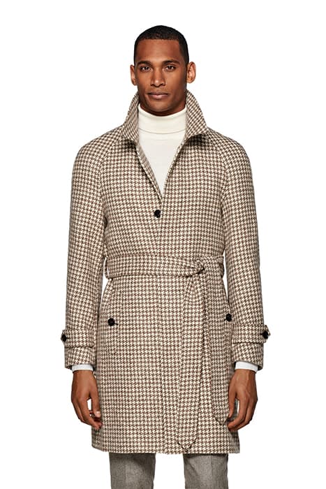 TAUPE HOUNDSTOOTH BELTED OVERCOAT by Suitsupply