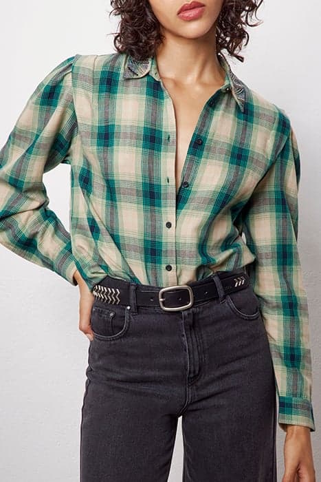 GREEN AND WHITE CHECK COTTON SHIRT WITH BADGE by IKKS