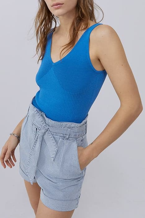 BLUE RIBBED KNIT FRONT/BACK V-NECK TOP by IKKS