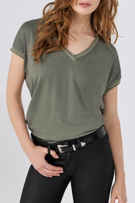 KHAKI MIXED FABRIC TOP WITH STRIPED RIBBED V NECK by IKKS