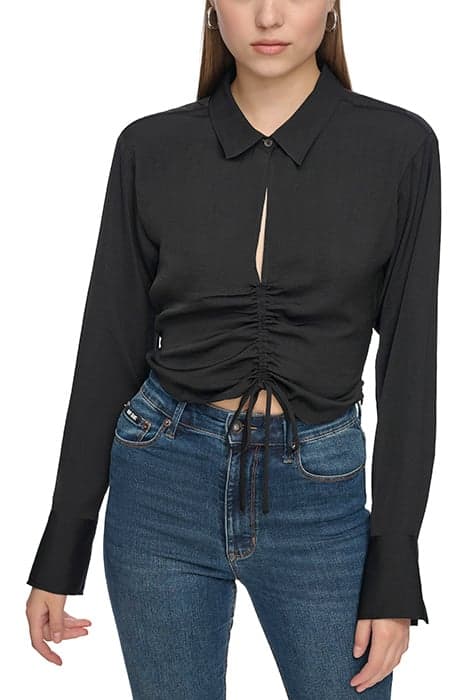 L/S RUSHD FRNT VNECK BLACK by DKNY