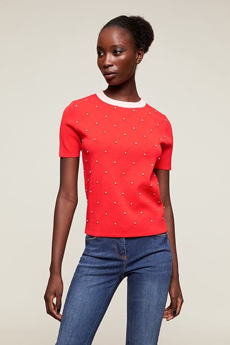 SHORT-SLEEVED SWEATER WITH STONE APPLICATION RED by Motivi