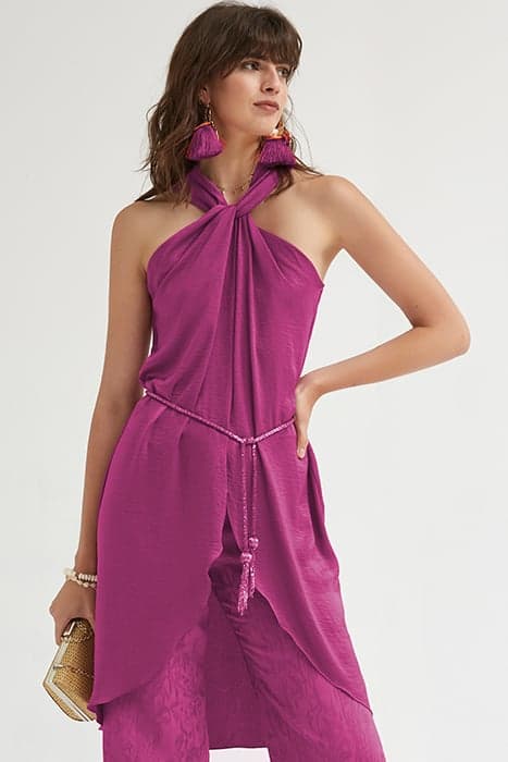 CROSSED NECKLINE WASHED SATEEN DRESS BOUGAINVILLEA by OKY