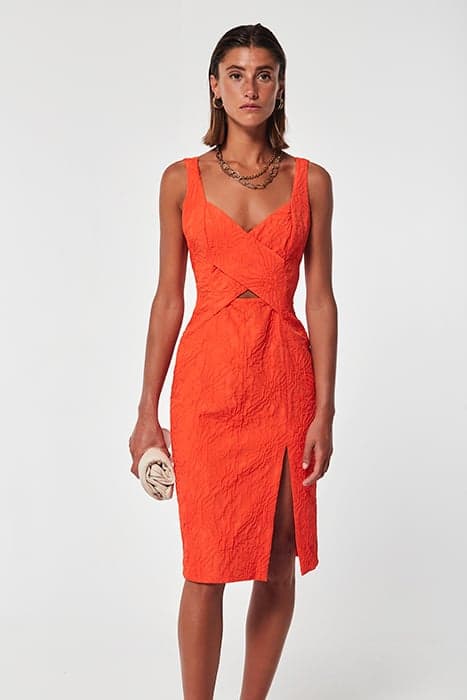 TEXTURED FABRIC JACQUARD GAMEY DRESS RED ORANGE by OKY