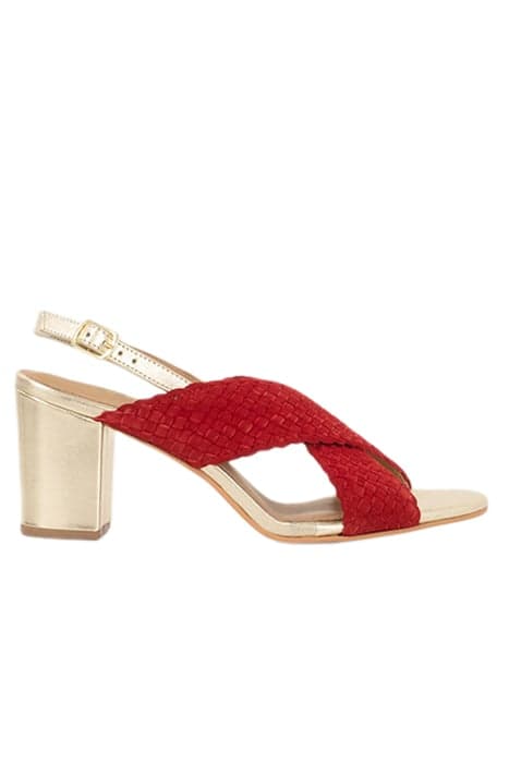 I.CODE CHERRY WOVEN SUEDE AND GOLD LEATHER SANDALS by ICODE