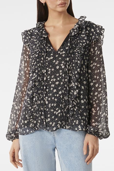 CODY RUFFLE PINTUCK BLOUSE NAVY FOLEY DITSY by Forever New