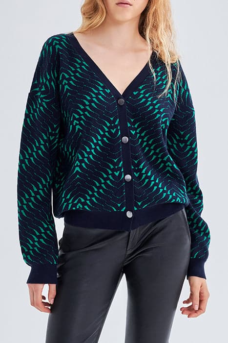 NAVY GEOMETRIC MOTIF JACQUARD KNIT CARDIGAN by IKKS