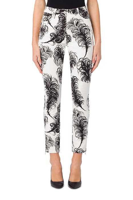 ALLOVER FEATHERS STRETCH DRILL TROUSERS WHITE by Moschino