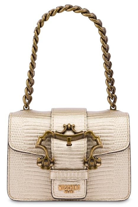 BAROQUE BUCKLE HANDBAG WITH TEJUS PRINT GOLD by Moschino