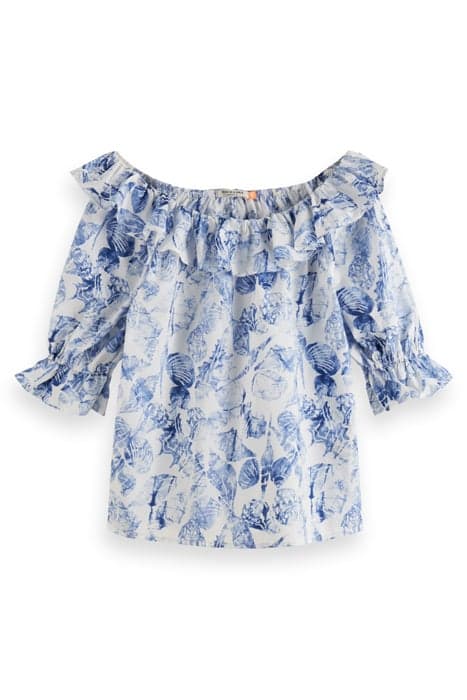 OFF SHOULDER TOP WITH RUFFLES SHELL BATIK BLUE by Scotch & Soda