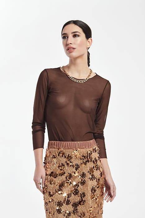 ELASTIC TULLE LONG SLEEVES T SHIRT BROWN by OKY