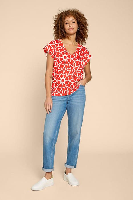 IVY LINEN V NECK TEE RED PRINT by White Stuff