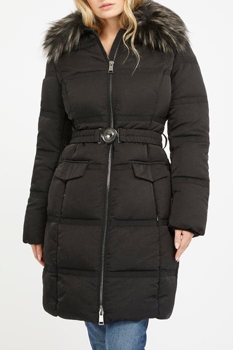 MARISOL LONG BELTED JACKET JET BLACK A996 by GUESS ECO