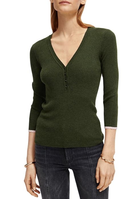 BUTTON DETAIL SKINNY RIB PULLOVER FIELD GREEN MELANGE by Scotch & Soda