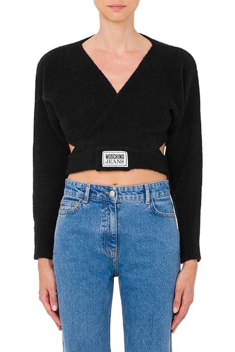 CROPPED SWEATER IN LOGO LABEL BOUCLÉ BLACK by Moschino